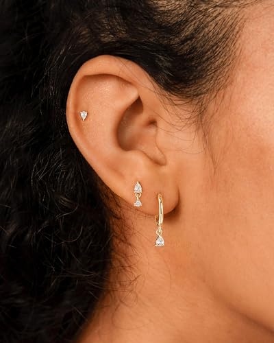 3 Pairs Earring Stacks, Gold Earring Set Jewelry Gift for Women | Small, 14K Gold/White Gold/Black/Rose Gold Plated, Hypoallergenic, Her, Everday, Stackable, Simple, 3 Holes - color: Gold-Teardrop