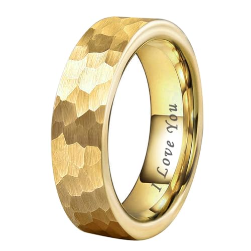 TUTISS 6mm 8mm Silver/Black/Gunmetal/Gold/Rose Gold Hammered Tungsten Rings for Men Women Couple Fashion Jewelry Engagement Wedding Bands Matte Finish Comfort Fit - color: 6mm Gold I Love You Engraved