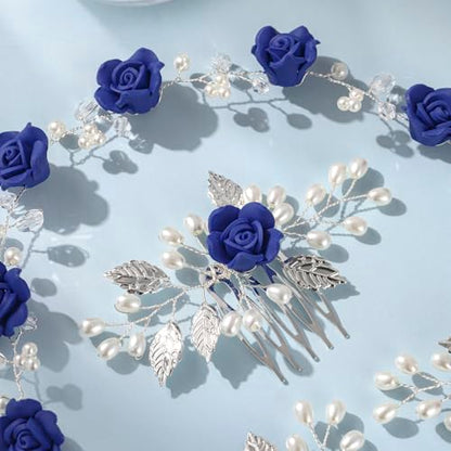 Wedding Hair Accessories Hair pieces Set Crystal bridal hair pins Rhinestone Pearl hair comb Brides and Bridesmaids, Girls, Women(（4PCS/SET BLUE) - color: blue