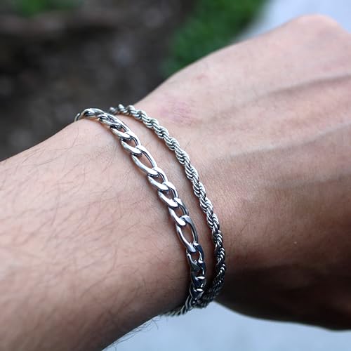 Mens Bracelet - Dainty Gold/Silver Chain Bracelet Stack 14K Gold Plated Silver Bracelets for Men Stainless Steel Adjustable Cross Charm Cuban Link Bracelet Snake Jewelry Set to Men Dad Birthday Day - color: S3, size: 7+2 Inch