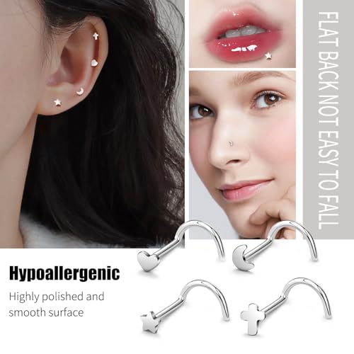 20G Nose Rings for Women, L Shaped Nostril Piercing Studs | 316L Stainless Steel, 0.8 mm×7 mm, 2 mm CZ or 3-4 mm Heart, Star, Moon and Cross, Gold-Tone or Silver-tone, Daily Wear - style: Silver Style A
