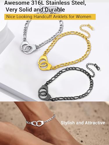 PROSTEEL Trendy Handcuffs Design/Customize Words Ankle Bracelet For Women, 316L Stainless Steel Anklets Silver/Gold/Black Tone, Hypoallergenic, Come with Box - style: 01 Handcuffs Anklet(8.5"-10.5")-Elegant Silver