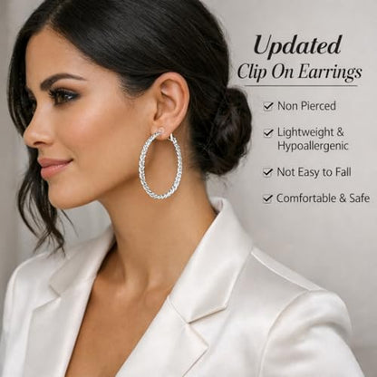 Symvikio Large Clip On Hoop Earrings for Women,14K Gold Big Circle Clip Hoops Chunky Earring Clips for Non Pierced Ears Lightweight Jewelry Gifts 50mm - color: Colorful/Dark Brown/Light Brown/White & Black/Green