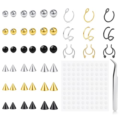 Fake Eyebrow Ring Fake Lip Labret Studs Replacement Balls Spike with 100pcs Sticker Non-Piercing Body Jewelry Fake Skin Piercing - color: F2-Silver+Gold+Black