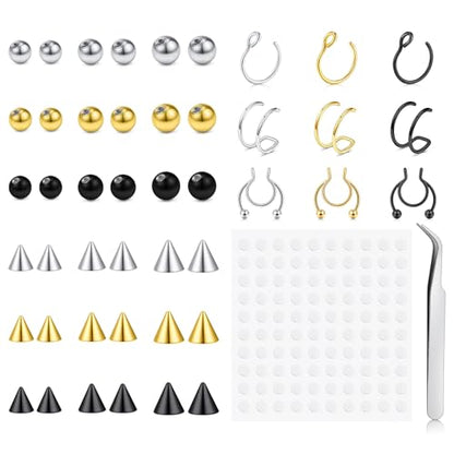 Fake Eyebrow Ring Fake Lip Labret Studs Replacement Balls Spike with 100pcs Sticker Non-Piercing Body Jewelry Fake Skin Piercing - color: F2-Silver+Gold+Black