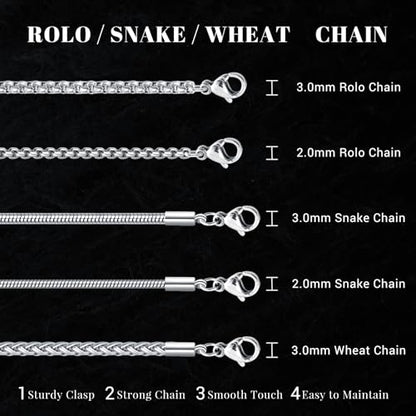 Eusense Stainless Steel Chain Necklace for Men Women Rolo/Wheat/Snake/Box Chain, 2-3MM, 20-24 Inches with Delicate Gift Box - color: Rose Gold-Plated, size: 20+2 Inches Length, style: Rolo Chain-2MM Width