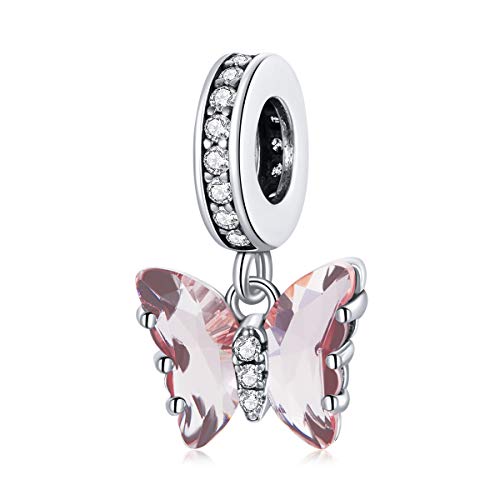 Hummingbird Charms For Bracelets 925 Sterling Silver Animal Dangle & Beads Butterfly Cat Beads Charms For Women Jewelry Gift - color: pink butterfly