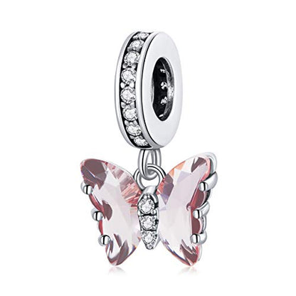 Hummingbird Charms For Bracelets 925 Sterling Silver Animal Dangle & Beads Butterfly Cat Beads Charms For Women Jewelry Gift - color: pink butterfly