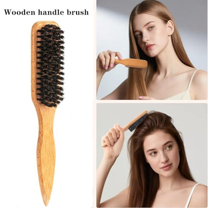 6PCS Hair Styling Tools Kit, Boar Bristle Wooden Brush, Rat Tail Metal Pin Parting Comb Edge Control Brush,Bristle Teasing Hair Brush Topsy Tail Loop Tools for Women Braiding & Edge Styling - color: pink