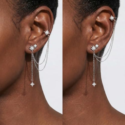 SLUYNZ 925 Sterling Silver Fashion Star Cuff Earring Chain for Women Star Crawler Earring Wrap Earrings - color: Pair-C-Silver