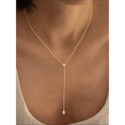 14K Gold Plated Layered Lariat Necklace for Women - Waterproof Non-Tarnish Dainty Gold Chain Necklace, Long Boho Statement Jewelry for Wedding, Prom, Summer Vacation Gifts - color: Two CZ Y Necklace-Gold
