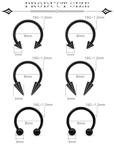 6Pcs Septum Rings 16G Surgical Steel Snake Bite Jewelry Long Spike Horseshoe Lip Rings Smiley Piercing Jewelry for Women Men 8mm 10mm - color: 16g,Diameter:8mm,black