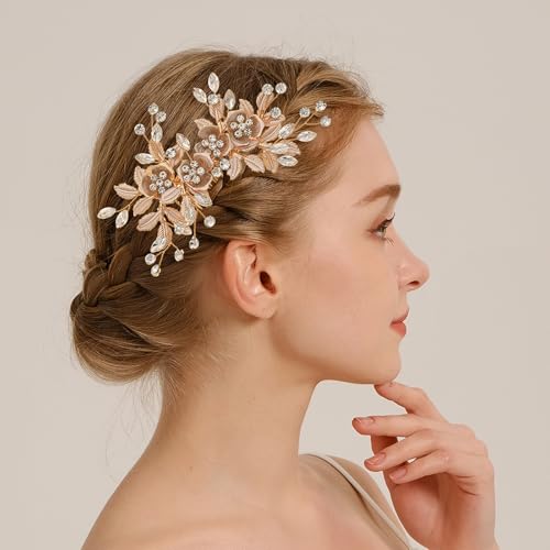 Bridal Hair Accessories Bright Gold Handmade Rhinestone Wedding Hair Duckbilled Clip for Brides, Wedding Head Pieces for Women and Bridesmaids Flower Girls - color: Bright KC Gold