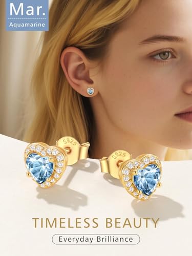 FindChic Birthstone Earrings for Women, Round/Heart/Square/Teardrop Earrings with 925 Sterling Silver Posts & Push Backs, Hypoallergenic Studs with Cubic Zirconia, 12 Months Jewelry with Gift Box - style: 03. March-Aquamarine (Heart-Gold)