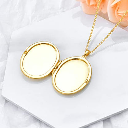 SOULMEET 10K 14K 18K Solid White Gold/Silver Minimalist Style/Infinity Sunflower Heart/Oval Locket Necklace That Holds 1 or 2 Pictures Personalized Photo Locket Necklace Letters Engraving - style: E1-Gold oval locket only