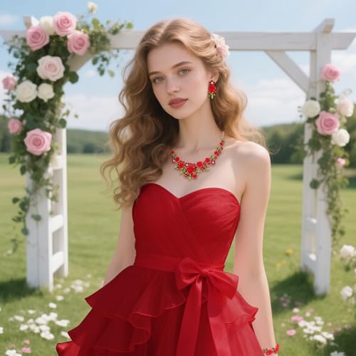 EVER FAITH Costume Jewelry Crystal Simulated Pearl Rose Flower Leaf Prom Party Statement Necklace Earrings Bracelet Set for Women - color: Red Gold-Tone