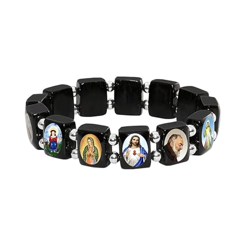 Catholica Shop Devotional Catholic Religious Wood Stretch Bracelets. Small and Large Panels with Assorted Images of Saints, Jesus and Mary. Unisex. Handcrafted in Brazil - style: Small Silver Tone