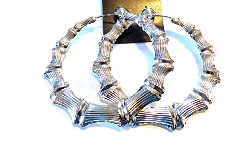 Clip on Bamboo Hoop Earrings Clip Large Hoop Earrings Gold or Silver tone 3.5 inch Hoops Large - style: silver