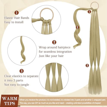 Long Braid Ponytail Extension with Hair Tie Straight Sleek Wrap Around Hair Extensions Braid Pony Tail Fluffy Natural Synthetic Hairpieces for Women Daily Wear,26 inch-Golden Blonde & Blonde - color: Pale Golden Blonde & Bleach Blonde, size: 26 Inch (Pack