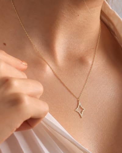 Gold Necklace for Women, 14K Gold Plated Cubic Zirconia Pendant Necklace, Dainty Heart Moon Circle Paperclip Jewelry for Layering, Everyday Birthday Gift - color: Gold Hollow Star