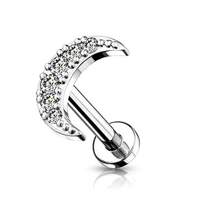 Pierced Owl - 16GA Stainless Steel Internally Threaded Crystal Paved Crescent Moon Top Flat Back Lip Cartilage Tragus Stud