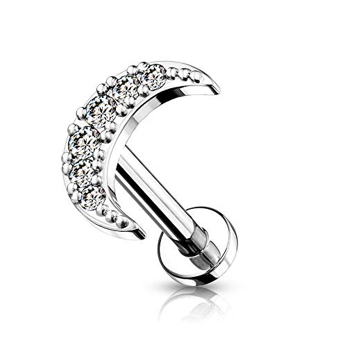 Pierced Owl - 16GA Stainless Steel Internally Threaded Crystal Paved Crescent Moon Top Flat Back Lip Cartilage Tragus Stud