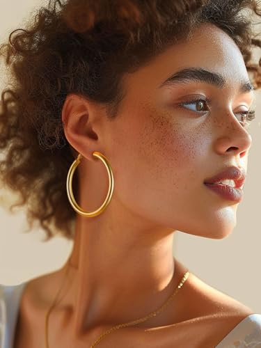 FindChic Hoop Earrings for Women, Silver/Black/14K Gold Plated Hypoallergenic Hollow Round Tube Loop Earrings, 20mm/30mm/40mm/60mm/80mm Chunky Hoops with Custom Name Options & Gift Box - color: c.Gold, size: 60MM