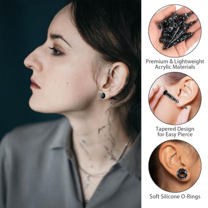 50 Pcs Ear Stretching Kit, Acrylic Gauges for Ears 14G-00G | Lightweight Tapers+ Plugs+ Silicone Tunnels, Gauge Stretching Kit, Piercing Earring Jewelry for Men, Women, Starter Expanders - color: Black & White Splatter