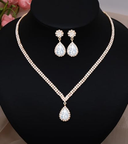 Elegant Silver Crystal Wedding Necklace Earrings Bracelet Jewelry Set for Women Brides Bridesmaids Prom Party Costume Accessory Bridal Jewelry - color: gold tone-white