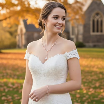 Hapibuy Crystal Bridal Wedding Jewelry Necklace Earrings Bracelet Set Rhinestone Choker Necklace For Brides Bridesmaid Women Party Acessory - color: Rose Gold
