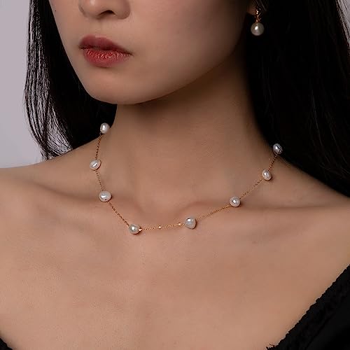 925 Sterling Silver Dainty Freshwater Cultured Pearl Choker Necklace White Genuine Real Pearl Charm Necklaces Jewelry Gifts for Her - color: Satellite Baroque 8-9mm-Gold