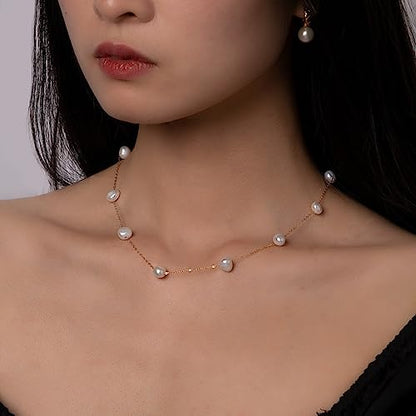 925 Sterling Silver Dainty Freshwater Cultured Pearl Choker Necklace White Genuine Real Pearl Charm Necklaces Jewelry Gifts for Her - color: Satellite Baroque 8-9mm-Gold