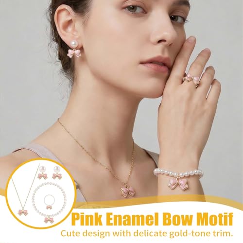 4PCS Pink Pearls Necklace Earrings Bracelet Ring Set Elegant Bow Adorned Jewelry Set for Women Valentine's Day & Special Occasions