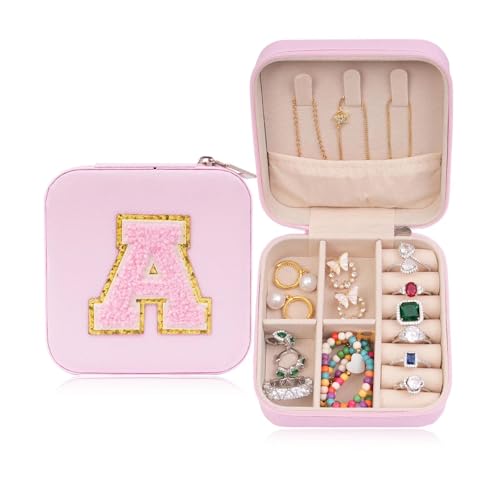 ETHOON Jewelry Travel Case Small Organizer Stocking Box Personalized Gifts Teenage Jewelry Accessories Holiday Wedding Christmas Gift for Women Pink, Letter A - color: Pink A