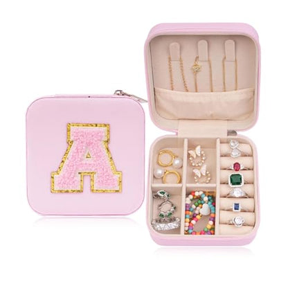 ETHOON Jewelry Travel Case Small Organizer Stocking Box Personalized Gifts Teenage Jewelry Accessories Holiday Wedding Christmas Gift for Women Pink, Letter A - color: Pink A