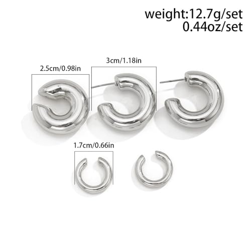 Chunky Gold Huggie Earrings Sets for Women Vinatge Non Piercing Ear Cuff Statement Earrings Personalized Large Clip On Hoop Earrings Fashion Jewelry - color: Silver