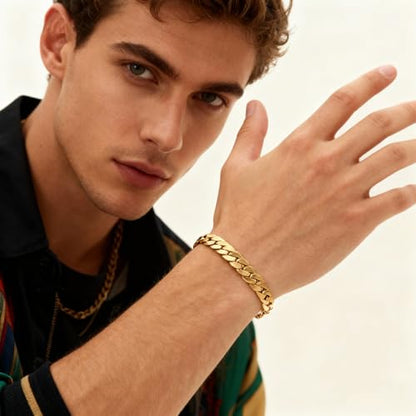 CaptainSteeL Cuban Bracelet for Men Stainless Steel Chain Link Bracelet | 8mm Width,7/7.5/8/9 Inch Length, Silver/18K Gold Plated,Men Bracelet,Waterproof Bracelet,Bithday ,Christmas gift - color: Dense Chain Gold Plate, size: 8in