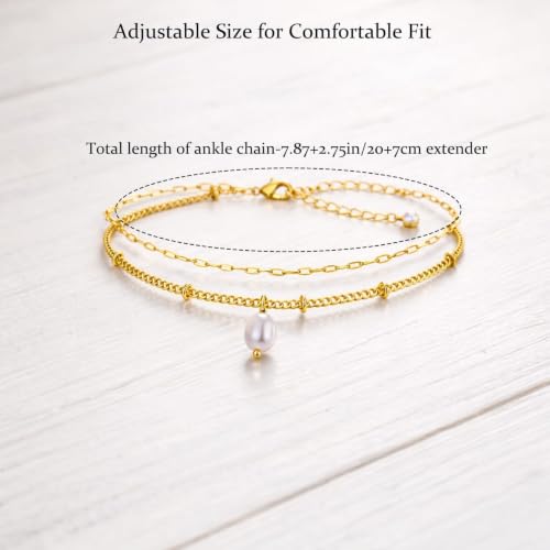 Pearl Anklet Waterproof Anklet for Women, 14K Gold Plated Double Layer Chain with Mini Pearl Beads, Adjustable Beach Foot Jewelry Gift