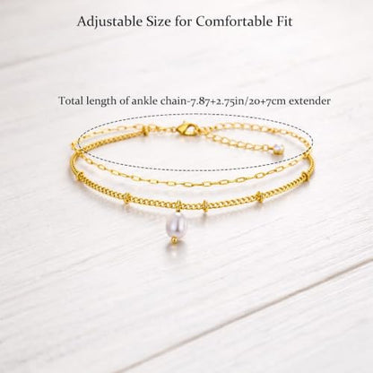 Pearl Anklet Waterproof Anklet for Women, 14K Gold Plated Double Layer Chain with Mini Pearl Beads, Adjustable Beach Foot Jewelry Gift