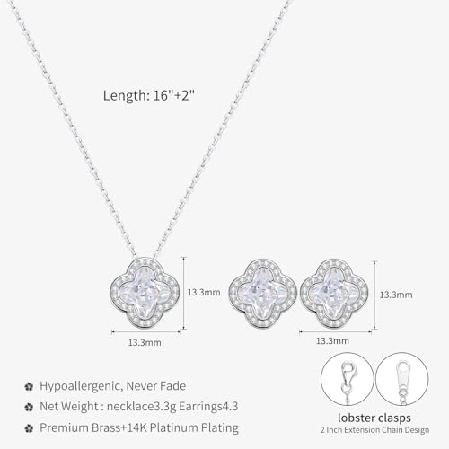 14K Gold Plated | 14K Platinum Plated Necklace for Women Necklace Earrings Set with Sparkling Zircon Inlay and Silver Post Earrings - color: Simple smooth clover flower set silver