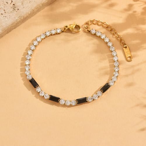 Tennis Bracelet for Women 18K Gold Plated White Red Green Black Blue Pink 3mm Cubic Zirconia Bracelet Dainty Diamond Adjustable Bracelet Trendy Jewelry Gift - color: Black Tennis-Gold