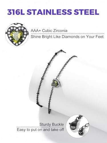 Richsteel Double Layer Heart/Butterfly Birthstone Anklet for Women | Non Tarnish Waterproof, Silver/Gold/Black Stainless Steel 8.5-10.5 Inch Adjustable Chain Anklets Summer Beach Foot Jewelry - color: Black Heart-08 Aug.(Peridot)