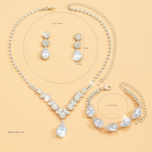 Paxuan Silver/Gold Rhinestone Crystal Wedding Bridal Bridesmaids Earrings Bracelet Set for Women Brides Bridesmaids Crystal Rhinestone Bracelet Earrings Set for Wedding Bridal Prom Pageant - color: Style2 - Necklace + Earrings + Bracelet(Silver Plated Whi