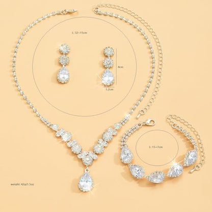 Paxuan Silver/Gold Rhinestone Crystal Wedding Bridal Bridesmaids Earrings Bracelet Set for Women Brides Bridesmaids Crystal Rhinestone Bracelet Earrings Set for Wedding Bridal Prom Pageant - color: Style2 - Necklace + Earrings + Bracelet(Silver Plated Whi