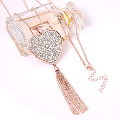 MOLOCH Long Necklaces For Woman Disk Circle Pendant Necklaces Tassel Fringe Necklace Set Statement Pendant - color: heart-shaped-rose gold