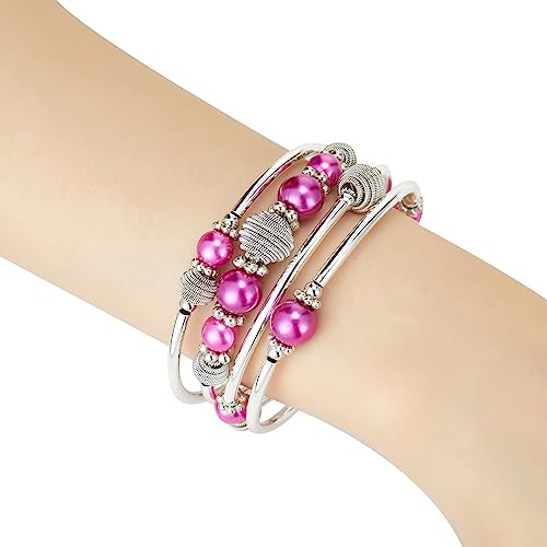 PEARL&CLUB Beaded Chakra Bangle Turquoise Bracelet - Fashion Jewelry Wrap Bracelet with Thick Silver Metal and Mala Beads, Birthday Gifts For Women - color: Fuchsia
