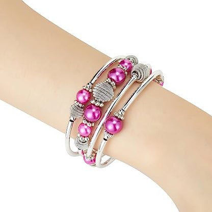 PEARL&CLUB Beaded Chakra Bangle Turquoise Bracelet - Fashion Jewelry Wrap Bracelet with Thick Silver Metal and Mala Beads, Birthday Gifts For Women - color: Fuchsia