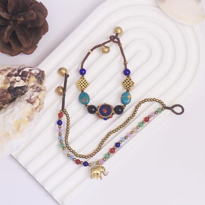 Petite Adjustable Boho Bracelet for Small Wrists 6-7.5 Inch - Handmade Nepalese Buddhist Prayer Bracelet with Elephant Charm, Brass Bell, Turquoise Stone & Tibetan Mantra Beads, Spiritual Lucky Gift - color: Colorful-2Pcs