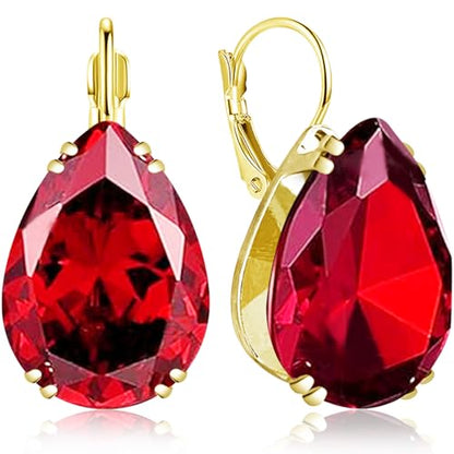 14K Gold Teardrop Crystal Leverback Earrings Sparkly Rhinestone Water Droplet Dangle Drop Earrings For Women - color: Red