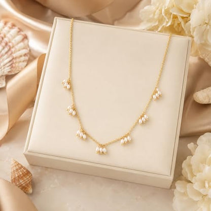 Pearl Necklaces for Women Trendy, Dainty Beaded Choker Necklace, 14K Gold Plated Station Chain, Simple Layering Wedding Prom Jewelry Gift - color: Gold Triple Pearl Station